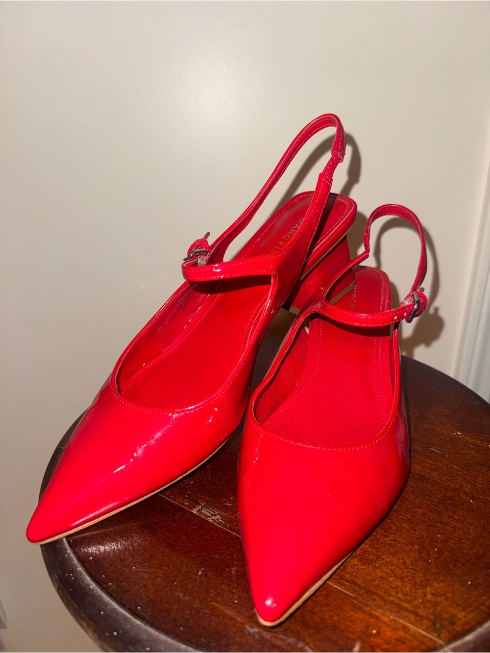 Red Patent Pointed-Toe Slingback Heels